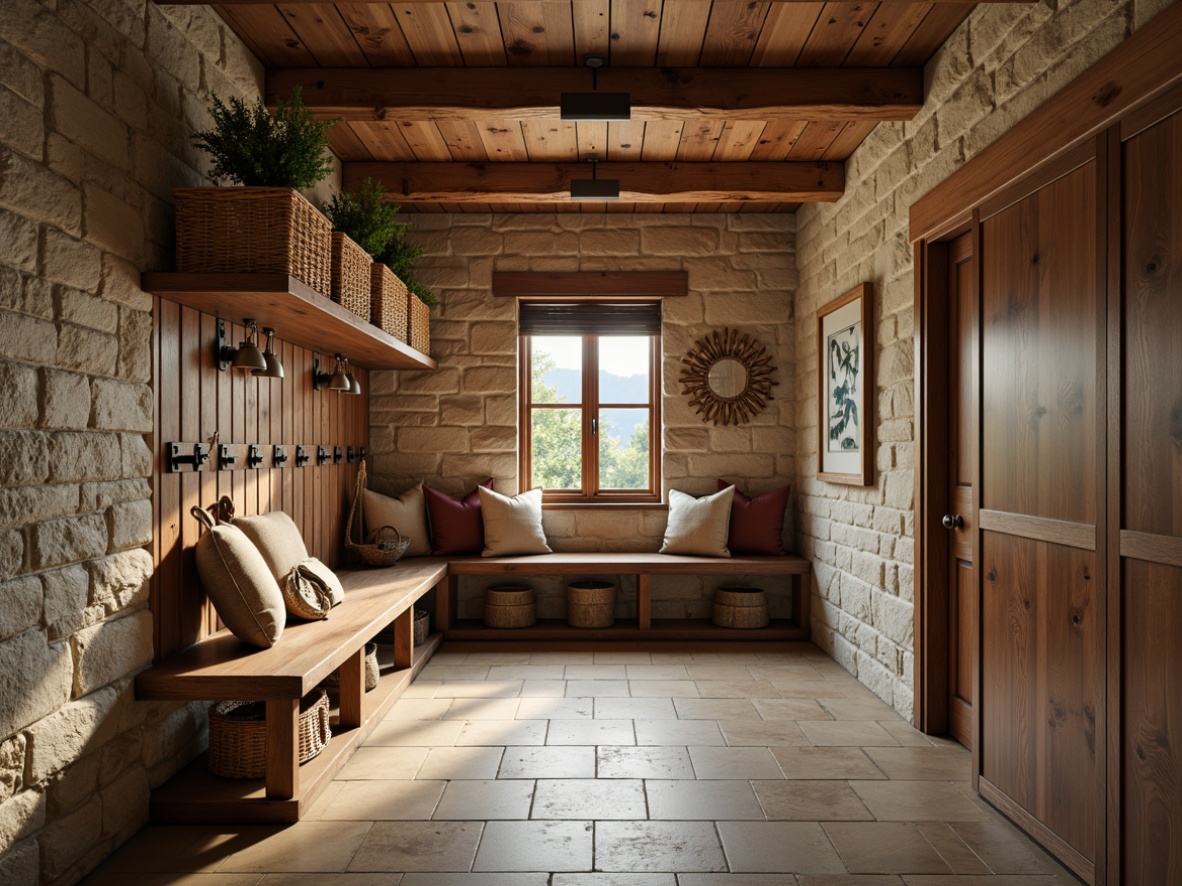 Prompt: Rustic mudroom, natural stone walls, wooden accents, functional storage solutions, built-in benches, woven baskets, decorative hooks, industrial-style shelving, metal cabinets, earthy color palette, soft warm lighting, shallow depth of field, 3/4 composition, realistic textures, ambient occlusion.