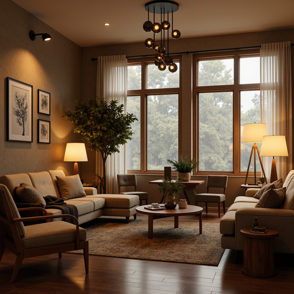 Prompt: Mid-century modern living room, warm ambient lighting, table lamps with linen shades, floor lamps with wooden accents, pendant lights with globe shapes, natural materials, walnut wood furniture, earthy tone color palette, minimalist decor, large windows, sheer curtains, soft diffused light, 1/1 composition, shallow depth of field, realistic textures, ambient occlusion.