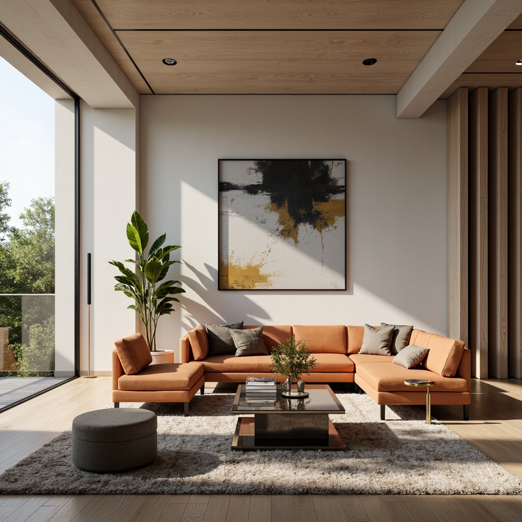 Prompt: Contemporary living room, minimalist decor, sleek wooden flooring, plush area rugs, velvet sofas, metallic accents, glass coffee tables, abstract artwork, floor-to-ceiling windows, natural light pouring in, soft warm ambiance, 1/1 composition, shallow depth of field, realistic textures, ambient occlusion.