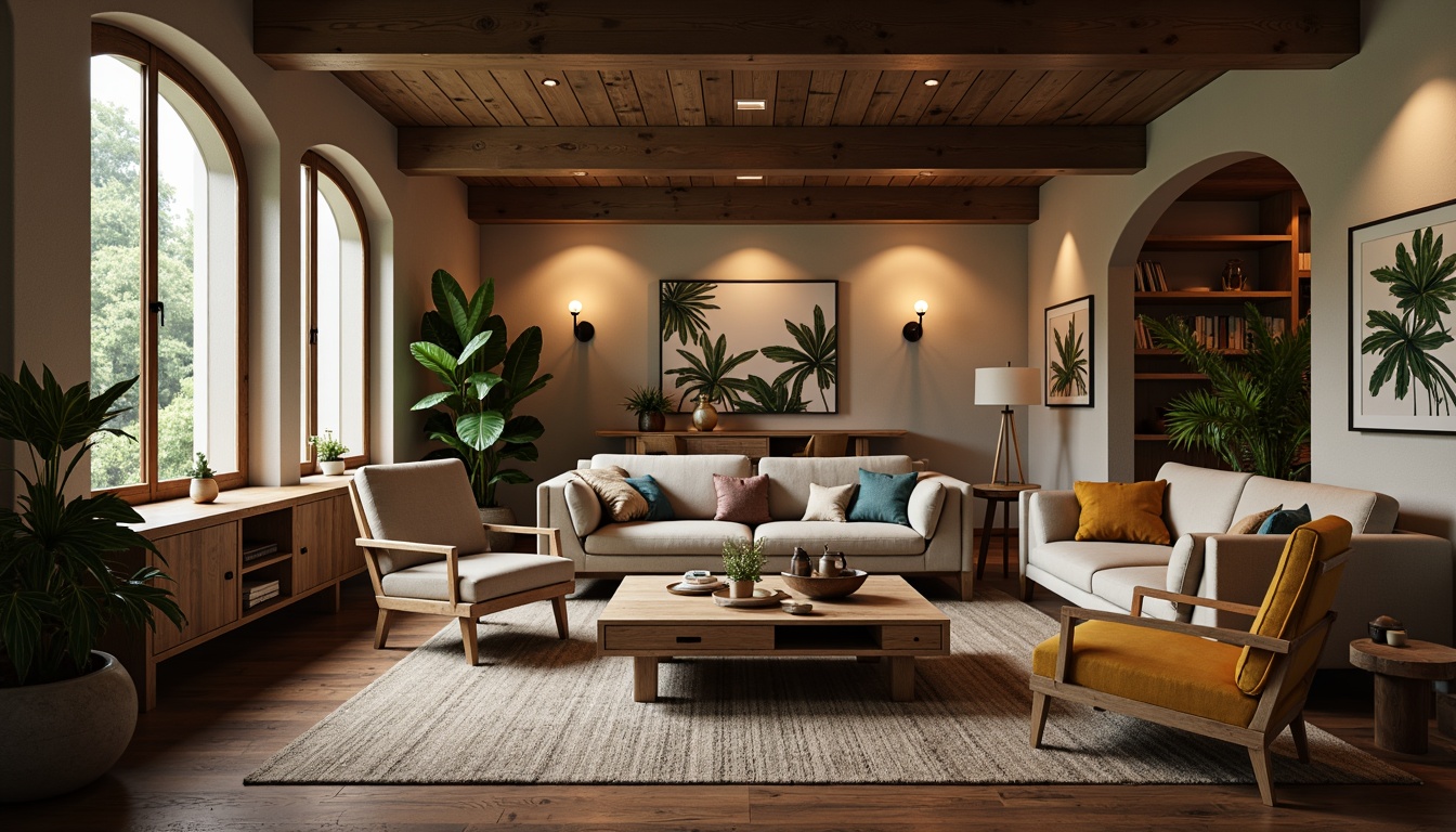 Prompt: Cozy living room, plush sofas, velvety armchairs, reclaimed wood coffee tables, modern minimalist decor, soft warm lighting, textured rugs, comfortable cushions, ergonomic chairs, stylish lamps, natural materials, earthy color palette, botanical prints, greenery accents, relaxed atmosphere, intimate seating areas, 1/1 composition, shallow depth of field, realistic textures.