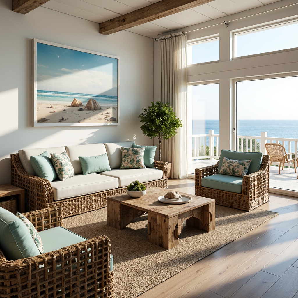 Prompt: Coastal-themed living room, driftwood coffee table, woven sea grass armchairs, soft blue-green upholstery, natural fiber rugs, ocean-inspired artwork, coral-patterned throw pillows, whitewashed wooden walls, large windows, sliding glass doors, beachy vibe, sunny day, warm lighting, shallow depth of field, 1/1 composition, symmetrical balance, light airy atmosphere, minimalist decor, shell-shaped decorative accents, nautical rope details, ocean-blue color scheme.