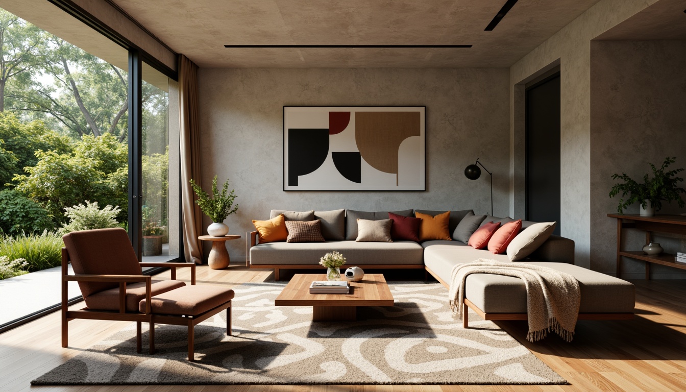 Prompt: Mid-century modern living room, sleek low-profile sofa, tufted velvet armchair, walnut wooden coffee table, geometric patterned rug, floor-to-ceiling windows, sliding glass doors, lush greenery, natural stone walls, abstract artwork, minimalist decor, warm ambient lighting, soft shadows, 1/1 composition, cinematic view, realistic textures, subtle color palette.