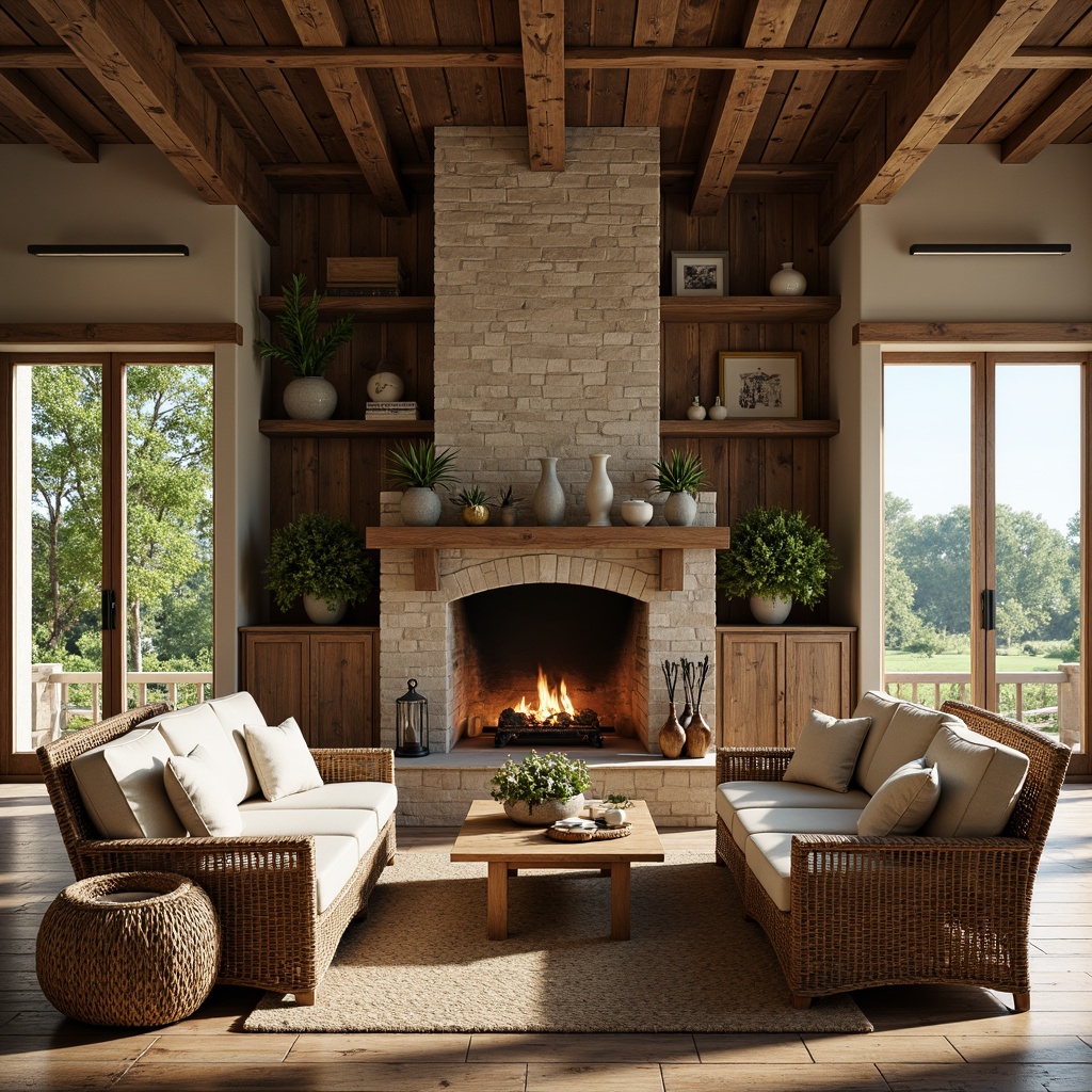 Prompt: Rustic farmhouse, reclaimed wood accents, stone fireplace, vintage metalware, natural linen fabrics, woven wicker furniture, earthy color palette, distressed finishes, wooden beams, exposed brick walls, soft warm lighting, cozy ambiance, lush greenery, countryside views, panoramic windows, symmetrical composition, shallow depth of field, realistic textures.