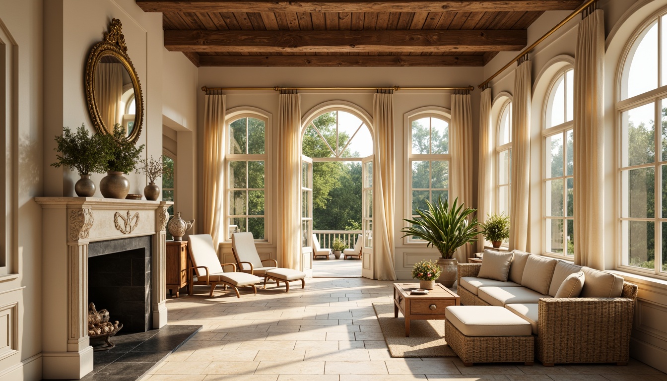 Prompt: Warm sunroom ambiance, classicism style, ornate moldings, cream-colored walls, soft beige curtains, natural stone flooring, rustic wooden beams, elegant archways, subtle texture variations, gentle warm lighting, shallow depth of field, 1/1 composition, intimate atmosphere, refined ornamentation, subtle color palette, traditional furniture pieces, upholstered armchairs, distressed wood accents.