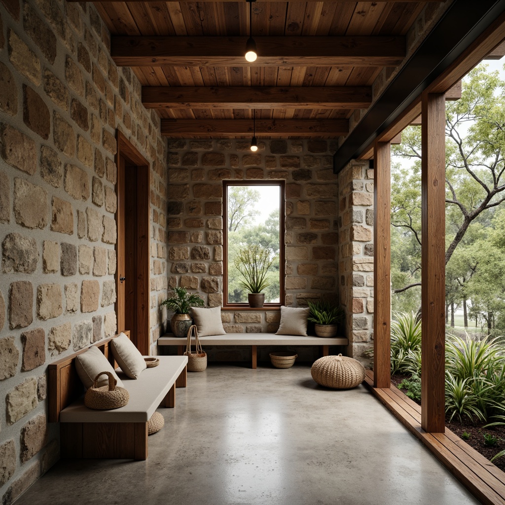 Prompt: Rustic mudroom, brutalist architecture, natural materials, reclaimed wood accents, rough-hewn stone walls, earthy tones, industrial metal beams, exposed ductwork, concrete flooring, raw linen textiles, woven baskets, potted plants, organic shapes, warm ambient lighting, shallow depth of field, 2/3 composition, moody atmosphere, realistic textures, ambient occlusion.