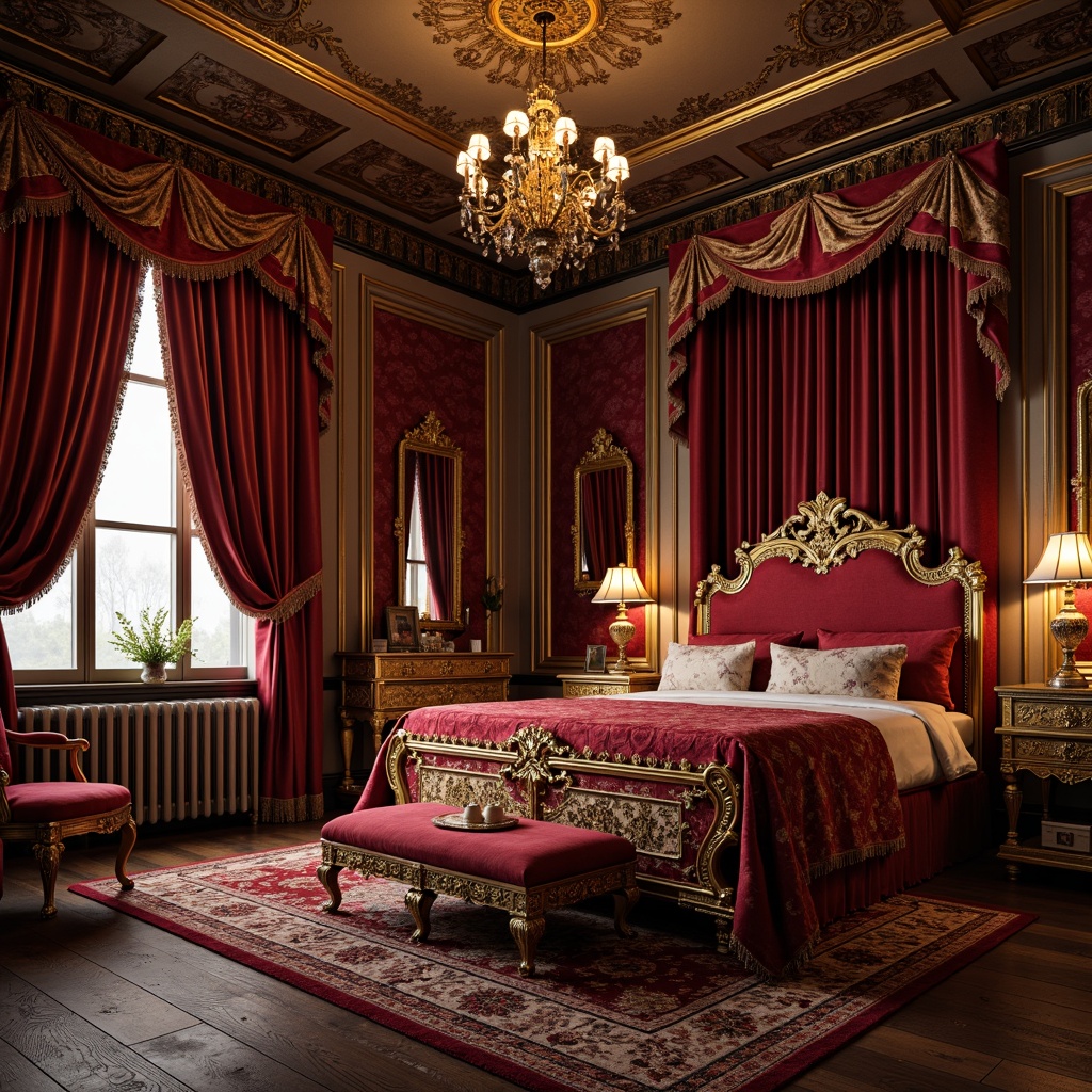 Prompt: Luxurious bedroom, ornate furniture, gilded frames, rich velvet fabrics, jewel-toned colors, lavish drapery, intricate patterns, golden accents, soft warm lighting, dramatic shadows, Renaissance-inspired decor, opulent textures, regal atmosphere, majestic chandelier, grandiose mirrors, lavish accessories, romantic ambiance.