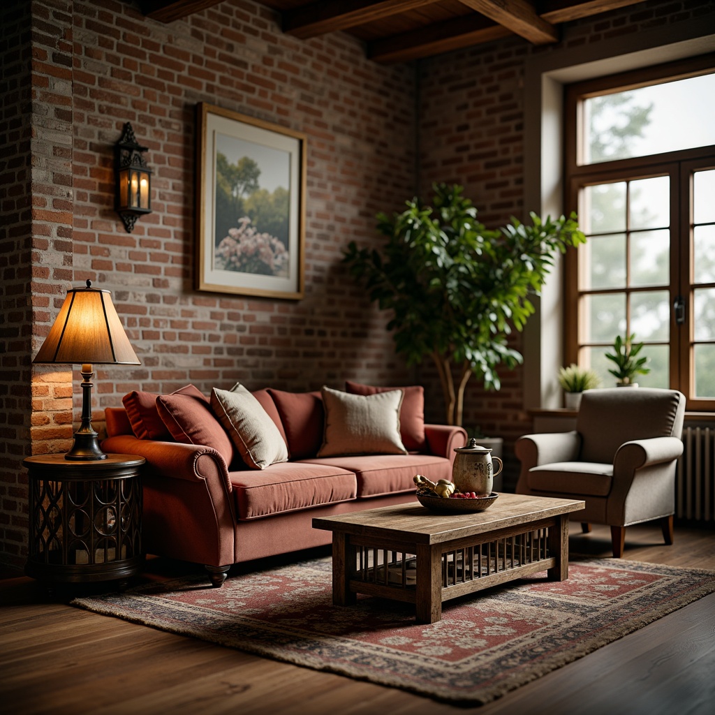 Prompt: Cozy living room, plush velvet sofa, ornate wooden coffee table, vintage metal lamp, distressed brick walls, rustic wooden floors, soft warm lighting, shallow depth of field, 3/4 composition, intimate atmosphere, decorative accents, luxurious textiles, intricate patterns, statement artwork, eclectic decor, personalized accessories, rich wood tones, earthy color palette, natural stone vase, fragrant candles, lush greenery.