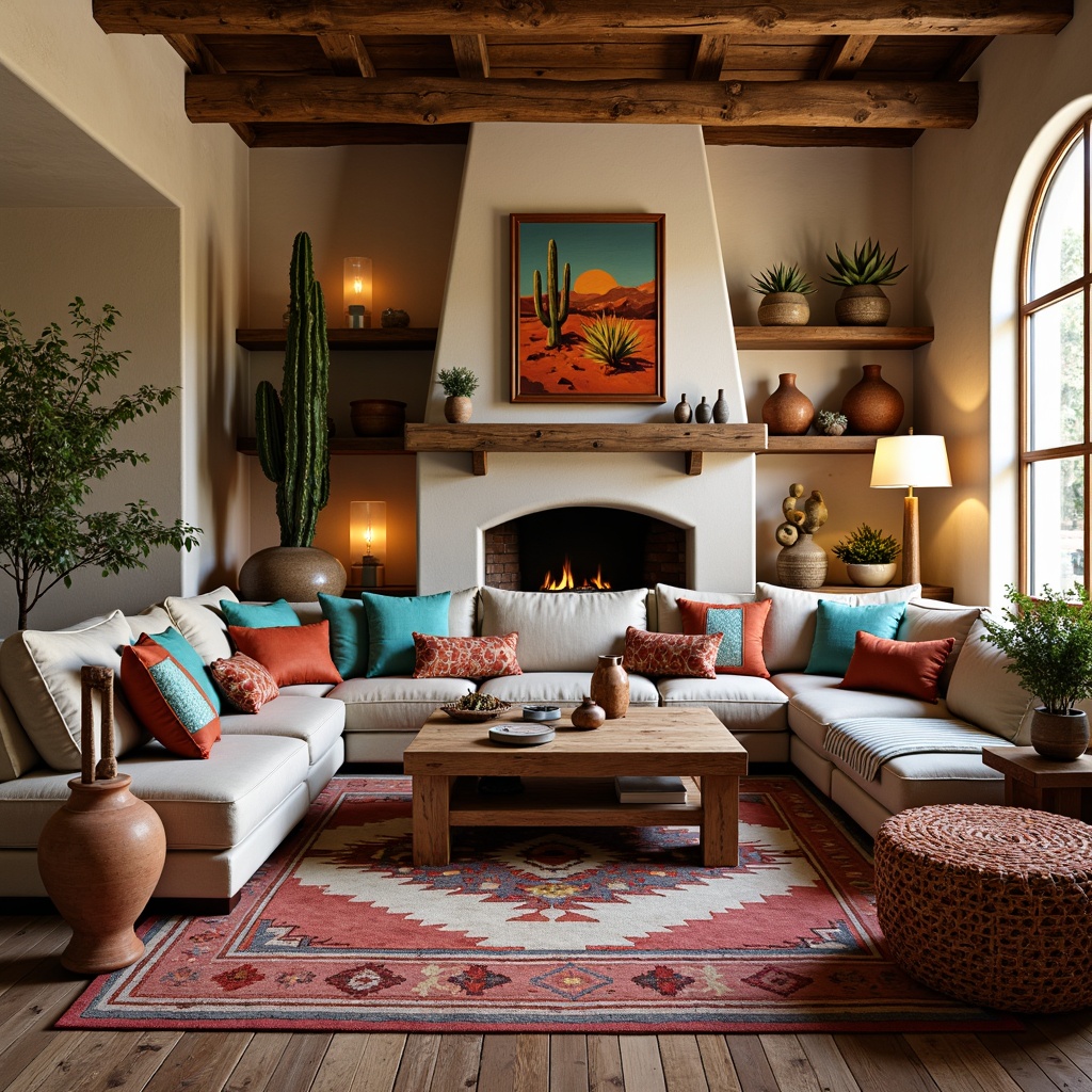 Prompt: Vibrant turquoise accents, earthy terracotta vases, woven Navajo-inspired baskets, rustic wooden furniture, colorful serape blankets, geometric patterned rugs, natural stone walls, warm candlelight, desert botanicals, cacti arrangements, distressed wood shelves, vintage pottery displays, eclectic Southwestern artwork, bold red and orange hues, woven fibers, organic textures, cozy reading nooks, warm beige tones, ambient warm lighting, shallow depth of field, 1/1 composition, realistic materials.