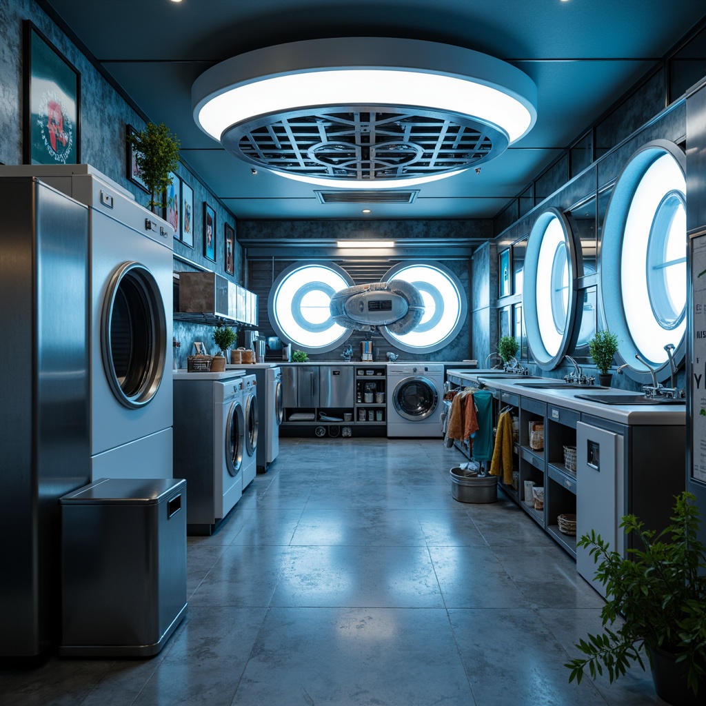 Prompt: Futuristic laundry room, sleek metal appliances, shiny chrome accents, glowing neon lights, minimalist design, curved lines, circular windows, space-age inspired decor, retro-futuristic color scheme, soft pulsing ambient lighting, shallow depth of field, 1/2 composition, panoramic view, realistic textures, ambient occlusion, futuristic washing machines, drying racks, ironing boards, laundry sorters, automated folding systems, smart home integration, voice-controlled interfaces, high-tech gadgets.