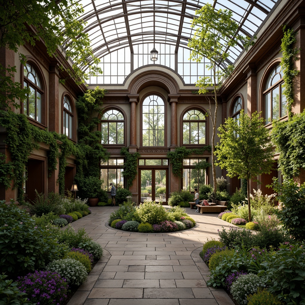 Prompt: Grandiose greenhouse, ornate Victorian details, lush greenery, vibrant flowers, delicate vines, intricate wooden frames, stained glass windows, arched doorways, rustic stone foundations, curved metal roofs, natural ventilation systems, misting irrigation systems, soft warm lighting, shallow depth of field, 3/4 composition, panoramic view, realistic textures, ambient occlusion.