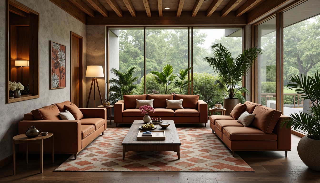 Prompt: Mid-century modern living room, plush velvet sofas, wooden coffee tables, metallic side lamps, geometric patterned rugs, natural stone walls, floor-to-ceiling windows, abundant greenery, soft warm lighting, shallow depth of field, 1/1 composition, realistic textures, ambient occlusion.