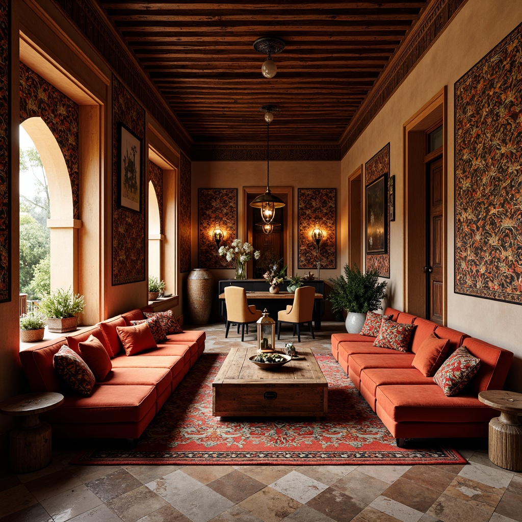 Prompt: Warm traditional interior, rich wood accents, ornate carvings, plush velvet fabrics, vibrant colorful patterns, Moroccan-inspired tiles, intricate geometric motifs, comfortable sectional sofas, rustic wooden coffee tables, vintage metal lanterns, soft warm lighting, cozy atmosphere, 1/1 composition, realistic textures, ambient occlusion.