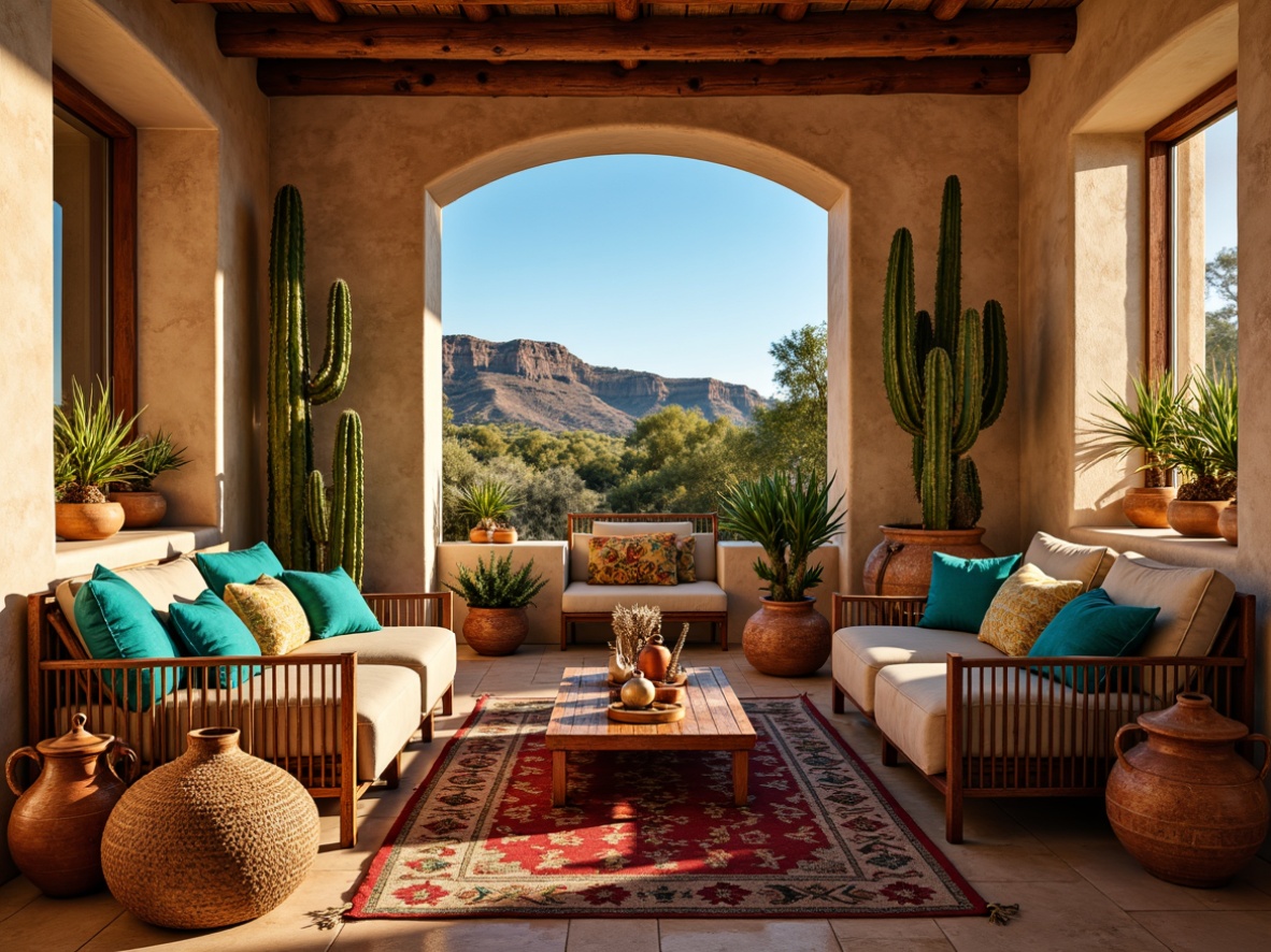 Prompt: Vibrant turquoise accents, earthy terracotta pots, woven Native American-inspired baskets, rustic wooden furniture, colorful handwoven textiles, geometric patterned rugs, warm golden lighting, natural stone walls, adobe-style architecture, arid desert landscape, clear blue skies, cactus plants, Southwestern tribal motifs, distressed wood finishes, vintage metalware, traditional pottery designs, cozy reading nooks, soft plush throw pillows, ambient candlelight, 3/4 composition, shallow depth of field, warm color palette.