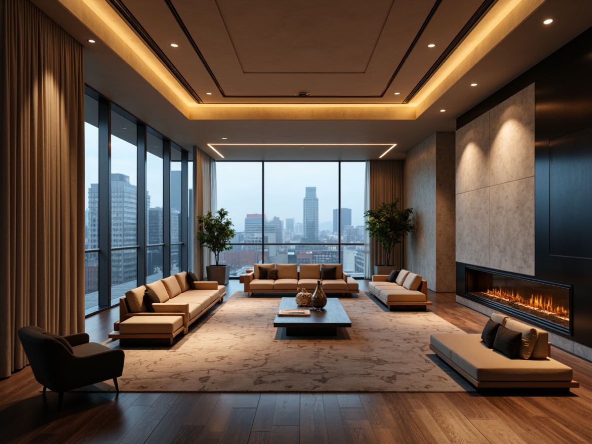 Prompt: Minimalist interior, sleek lines, polished metal accents, warm ambient lighting, soft glow ceiling lights, floor-to-ceiling windows, natural daylight, urban cityscape views, neutral color palette, luxurious textures, rich wood tones, sophisticated furniture designs, geometric patterns, subtle LED light strips, indirect overhead lighting, dramatic shadow effects, 1/1 composition, high-contrast ratio, cinematic mood, atmospheric ambiance.