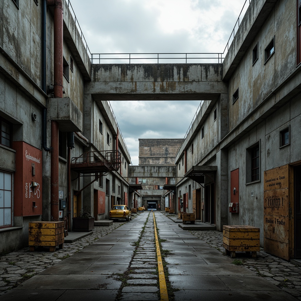 Prompt: Rugged industrial landscape, worn concrete walls, rusty metal accents, distressed wooden crates, weathered stone pathways, brutalist architecture, reinforced steel beams, raw unfinished textures, moody overcast sky, dramatic low-key lighting, cinematic composition, realistic wear and tear, ambient occlusion.