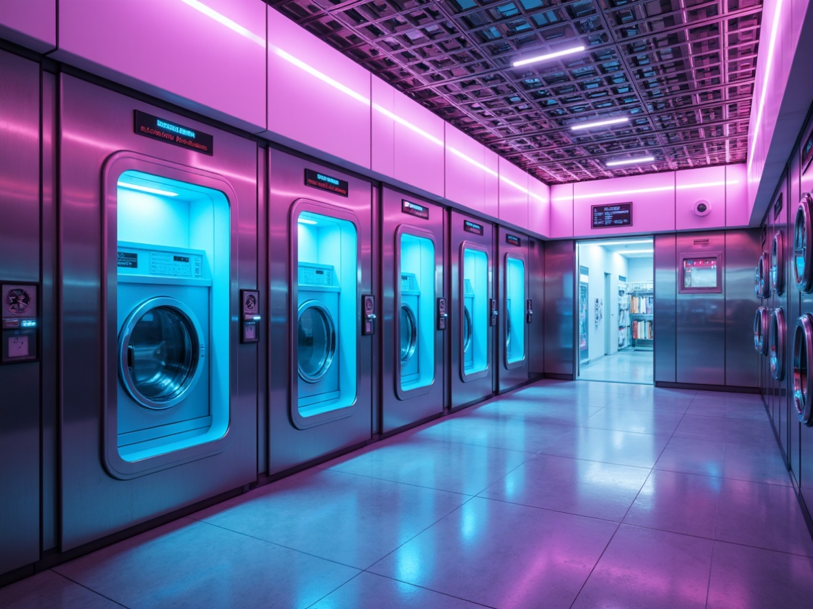 Prompt: Futuristic laundry facility, neon-lit washing machines, glowing blue LED lights, metallic silver surfaces, sleek glass doors, minimalist interior design, vibrant turquoise accents, electric purple hues, iridescent whites, soft pastel pinks, gleaming chrome fixtures, high-tech gadgetry, sterile clean atmosphere, ambient futuristic soundscapes, shallow depth of field, 1/1 composition, cinematic lighting, realistic reflections.