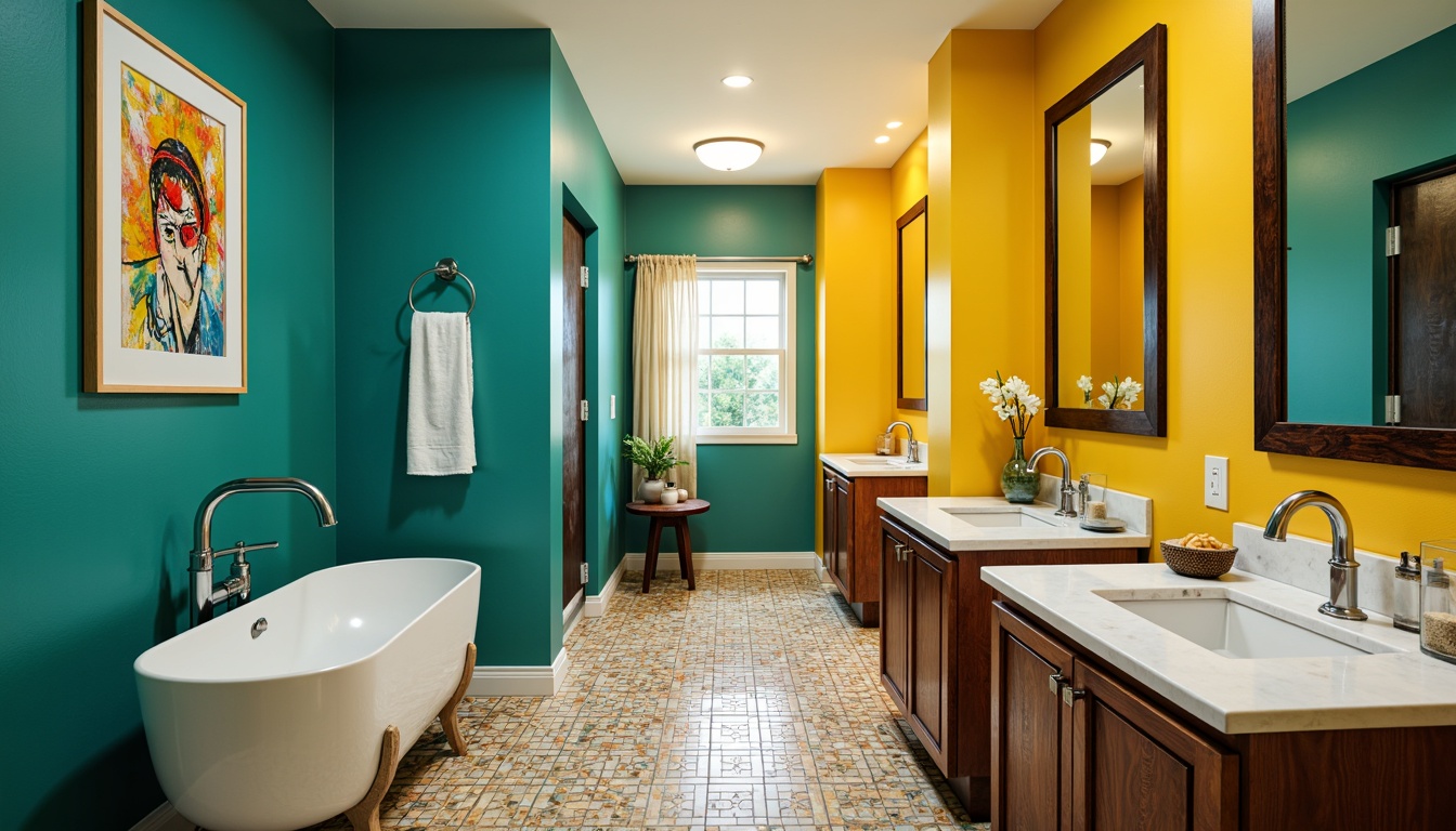 Prompt: Vibrant bathroom, turquoise walls, bold yellow accents, rich brown wood cabinets, sleek chrome fixtures, abstract expressionist artwork, geometric patterned floor tiles, soft warm lighting, shallow depth of field, 1/1 composition, realistic textures, ambient occlusion, modern sink basins, rainfall showerheads, luxurious marble countertops, ornate mirrors, eclectic decorative accessories.