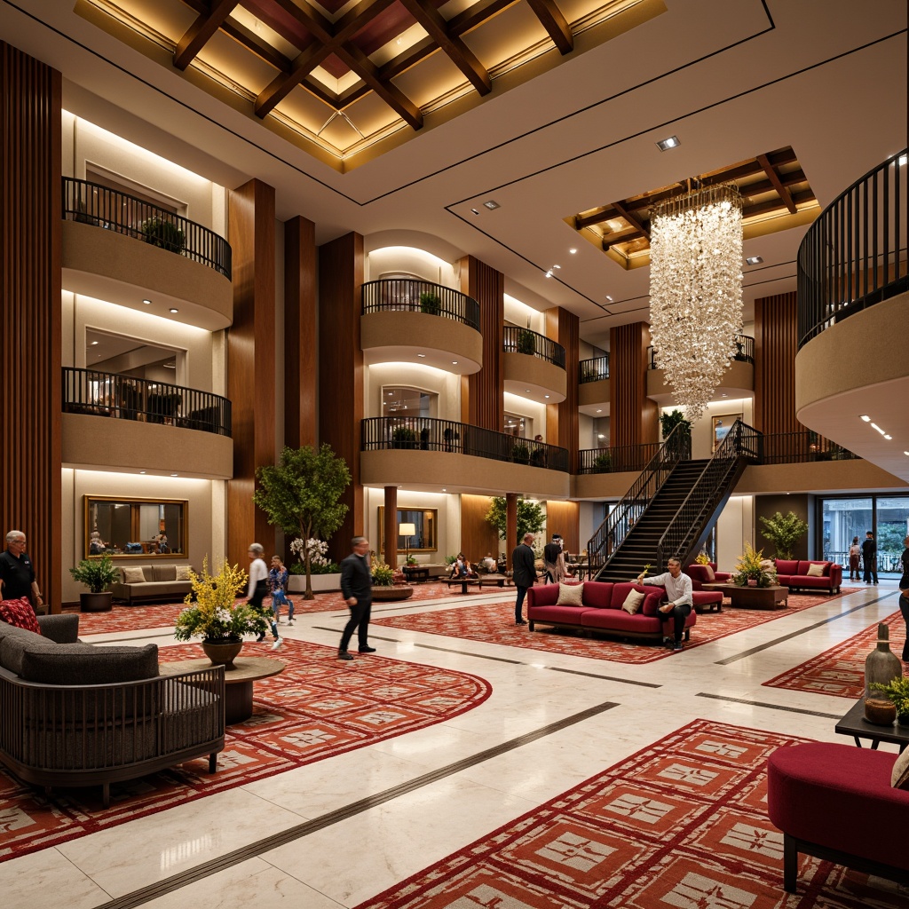 Prompt: Vibrant hotel lobby, polished marble flooring, bold geometric patterns, rich wood accents, luxurious carpeted areas, intricate mosaic tiles, metallic finishes, dramatic staircase, grand chandelier, opulent furnishings, lavish textiles, warm atmospheric lighting, shallow depth of field, 1/1 composition, realistic reflections, ambient occlusion.