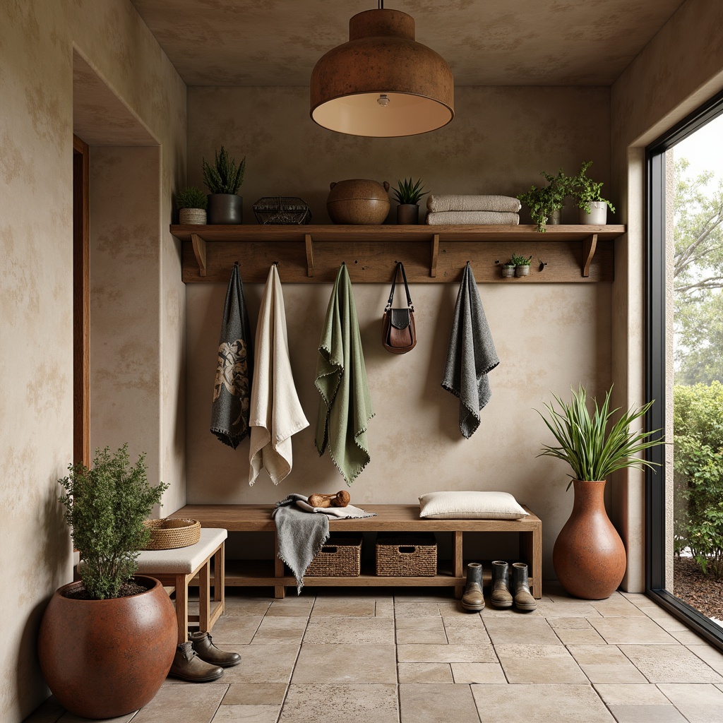 Prompt: Earthy mudroom, natural stone flooring, warm beige walls, rusty metal accents, reclaimed wood benches, woven wicker storage baskets, earthy terracotta planters, soft sage greenery, muddy boots, outdoor gear storage, rustic wooden shelves, nature-inspired textiles, cozy throw blankets, warm pendant lighting, shallow depth of field, 1/2 composition, realistic textures, ambient occlusion.