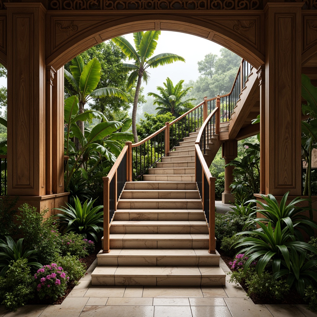 Prompt: Exotic tropical staircase, rich wooden handrails, ornate metal balusters, lush greenery, vibrant floral patterns, polished marble steps, warm natural lighting, soft misty atmosphere, shallow depth of field, 3/4 composition, panoramic view, realistic textures, ambient occlusion.