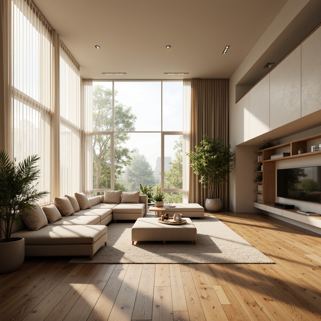 Prompt: Airy open-plan living room, floor-to-ceiling windows, sheer white curtains, natural oak flooring, minimalist decor, warm beige walls, comfortable plush sofas, green potted plants, subtle morning light, soft warm glow, shallow depth of field, 1/2 composition, realistic textures, ambient occlusion.