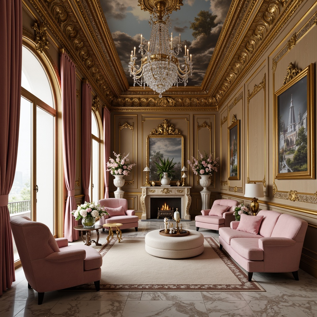 Prompt: Luxurious velvet drapes, golden ornate frames, intricately carved wooden paneling, lavish crystal chandeliers, delicate porcelain vases, soft pastel color palette, curved lines, shell motifs, acanthus leaf patterns, gilded mirrors, plush upholstered furniture, tufted ottomans, Rococo-style armchairs, elegant marble floors, ornate metalwork, whimsical fresco ceilings, warm candlelight, dramatic shadows, 1/1 composition, shallow depth of field, romantic atmosphere.