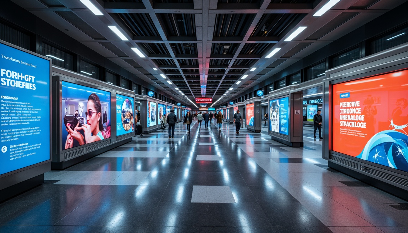 Prompt: Modern metro station, sleek glass facades, stainless steel frames, vibrant LED displays, dynamic digital signage, informative wayfinding systems, clear typography, bright colorful graphics, futuristic architecture, high-contrast lighting, shallow depth of field, 3/4 composition, panoramic view, realistic textures, ambient occlusion.