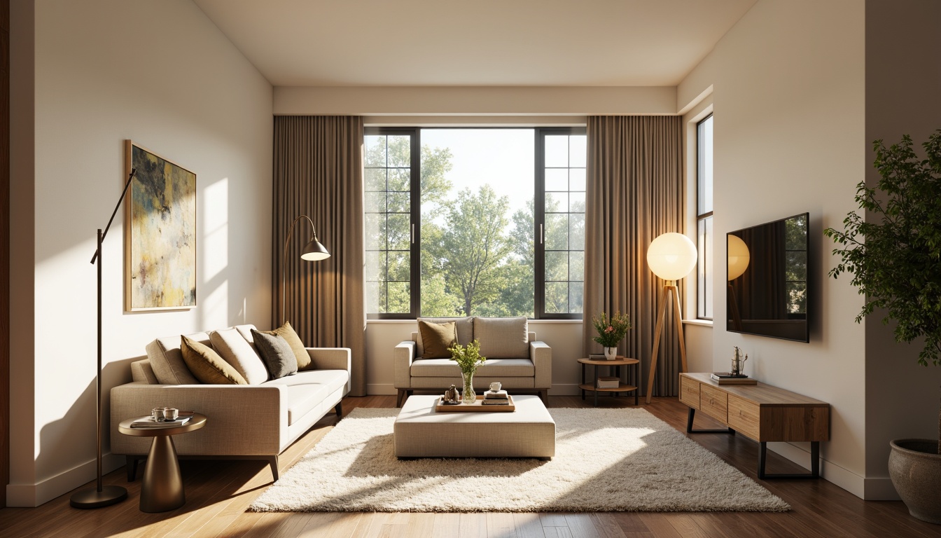 Prompt: Modern living room, cozy atmosphere, warm ambient lighting, sleek floor lamps, minimalist table lamps, soft glow pendant lights, metallic finishes, creamy white walls, comfortable furniture, plush area rugs, natural wood accents, large windows, sunny day, gentle diffused light, shallow depth of field, 3/4 composition, realistic textures.