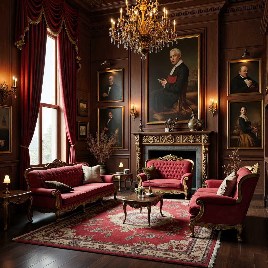 Prompt: Richly ornate furniture, intricately carved wood, luxurious velvet fabrics, golden metal accents, antique vases, lavish chandeliers, grandiose curtains, opulent rugs, nostalgic portraits, classic oil paintings, warm candlelight, soft focus, shallow depth of field, 1/1 composition, romantic ambiance, realistic textures, ambient occlusion.