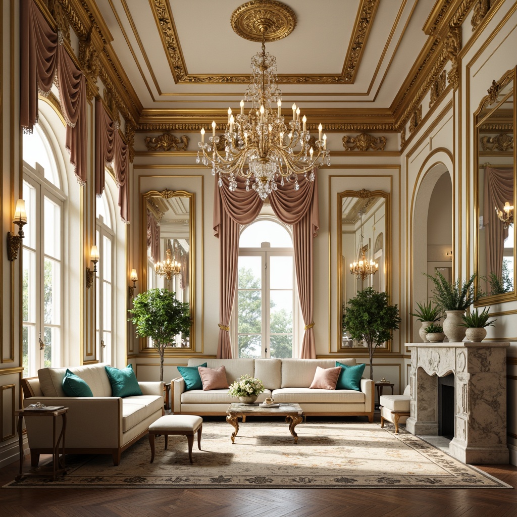 Prompt: Opulent Rococo interior, lavish furnishings, rich velvet fabrics, ornate gold accents, soft creamy whites, delicate pastel hues, warm beige tones, subtle wood grain textures, intricate carvings, grand crystal chandeliers, luxurious silk drapes, majestic crown molding, elegant archways, dramatic high ceilings, vivid turquoise accents, luscious greenery, warm golden lighting, shallow depth of field, 3/4 composition, realistic reflections.