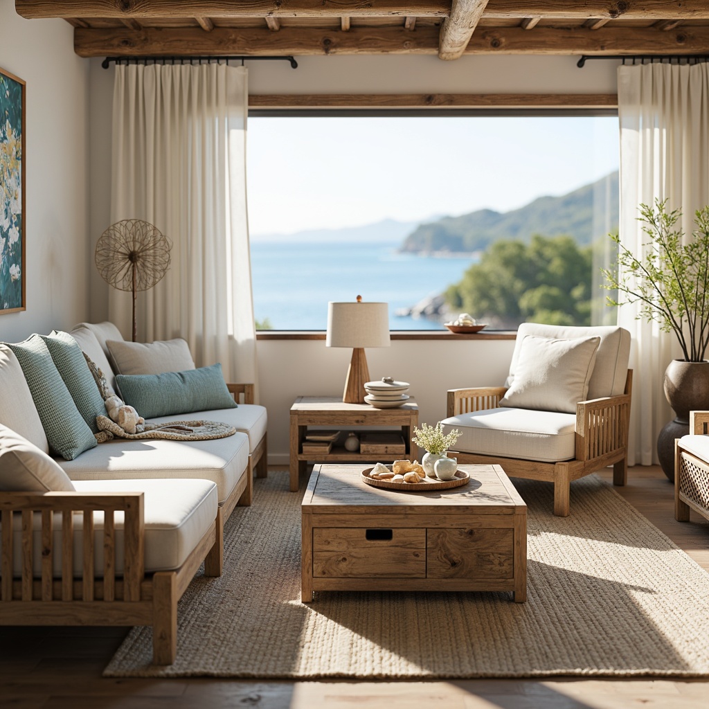 Prompt: Driftwood furniture, ocean-inspired colors, natural fabrics, linen upholstery, woven rattan accents, coral patterns, shell decorations, beachy vibe, sunny day, soft warm lighting, shallow depth of field, 1/1 composition, realistic textures, ambient occlusion, coastal-themed artwork, nautical ropes, distressed wood finishes, sea-salt air, gentle ocean breeze, serene atmosphere.