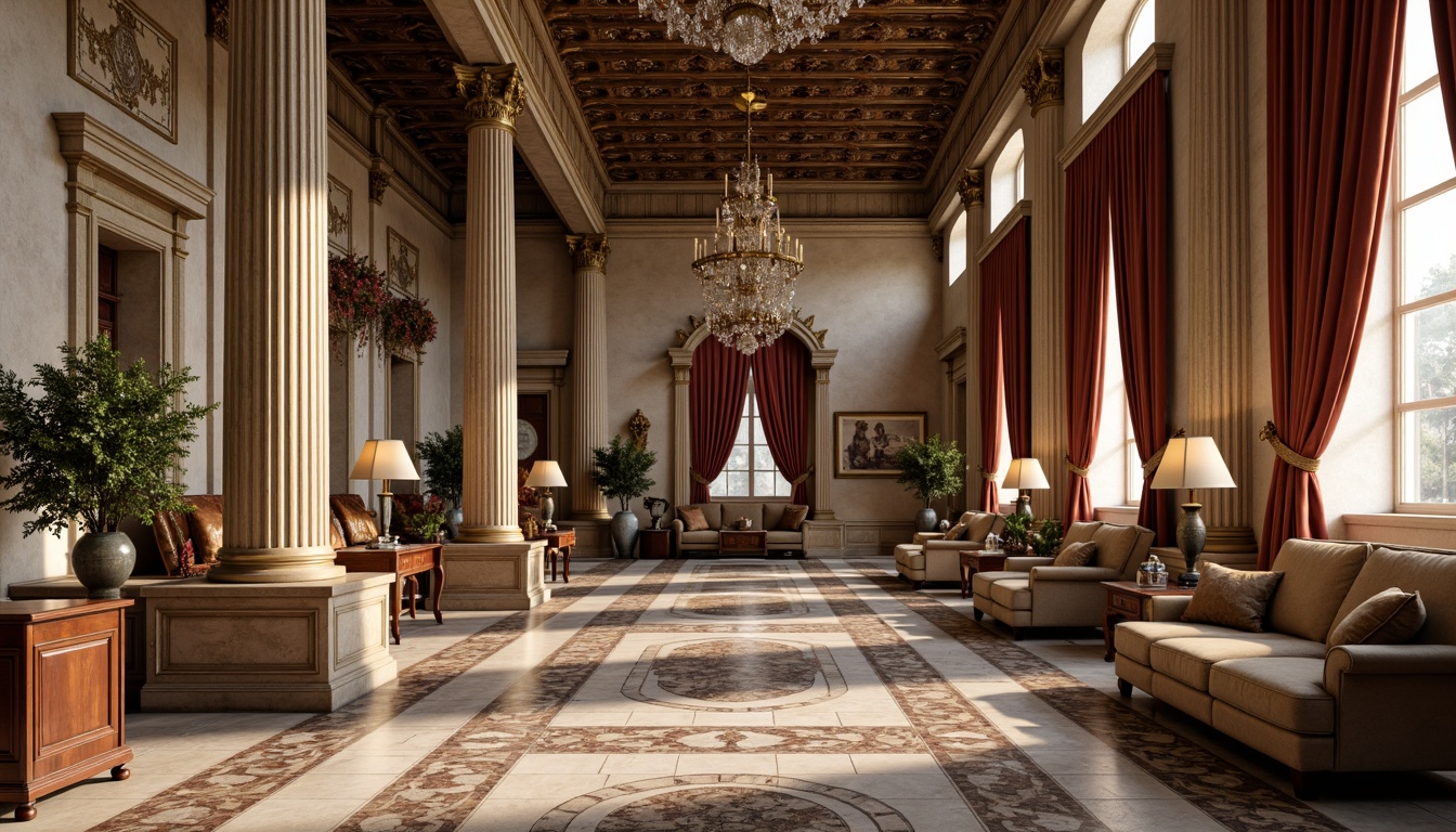 Prompt: Elegant classical columns, ornate marble floors, rich velvet drapes, antique wooden furniture, intricately carved stone facades, grand crystal chandeliers, soft warm lighting, subtle gradient effects, shallow depth of field, 2/3 composition, symmetrical architecture, ornamental metalwork, luxurious silk fabrics, classic Greek-inspired motifs, weathered bronze statues, vintage leather-bound books, subtle ambient occlusion.