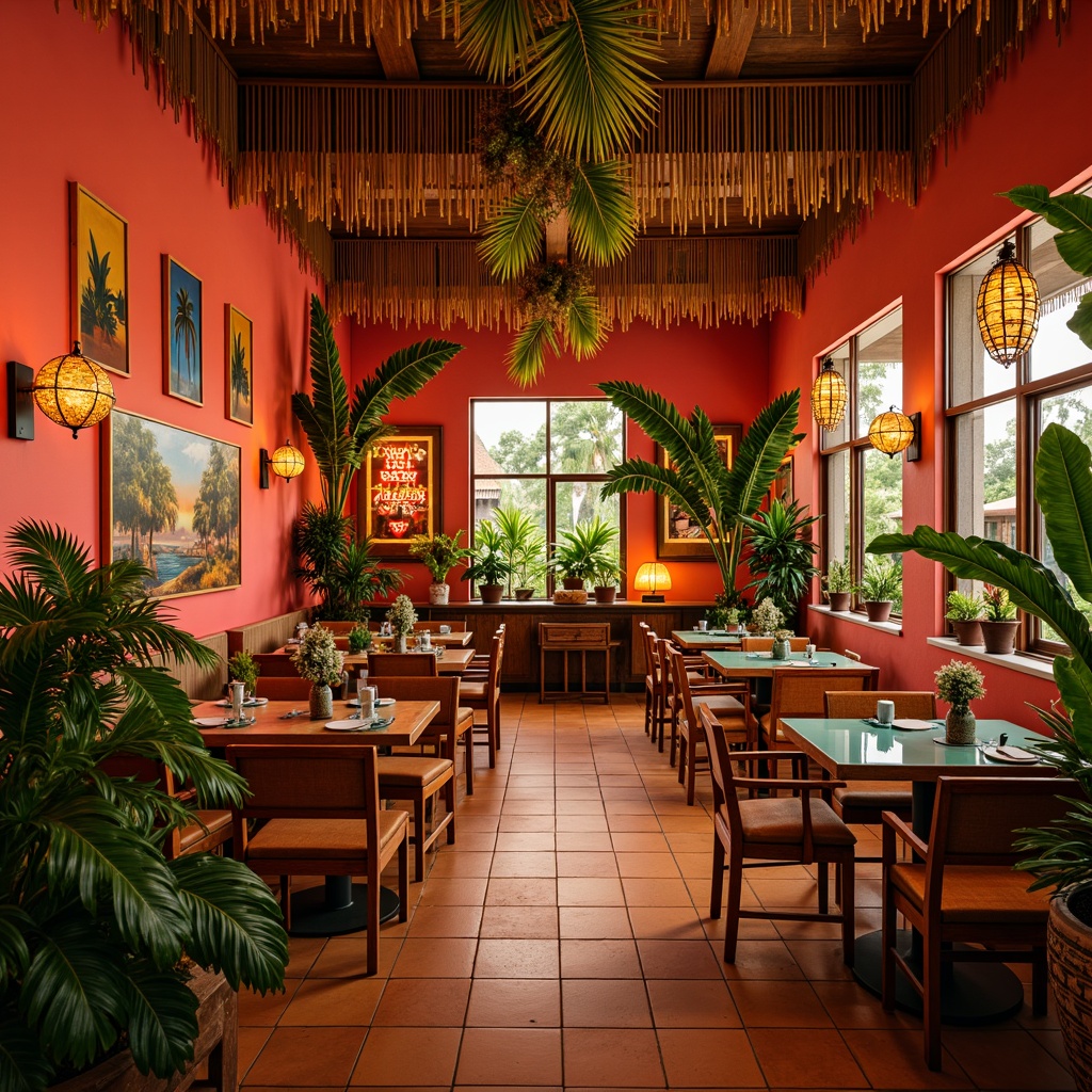 Prompt: Vibrant tropical restaurant, bright coral walls, lush greenery, exotic flower arrangements, wooden accents, rattan furniture, colorful tiki torches, palm frond ceiling decor, ocean-inspired artwork, turquoise glass tables, neon-lit signage, lively upbeat atmosphere, warm golden lighting, shallow depth of field, 1/1 composition, realistic textures, ambient occlusion.