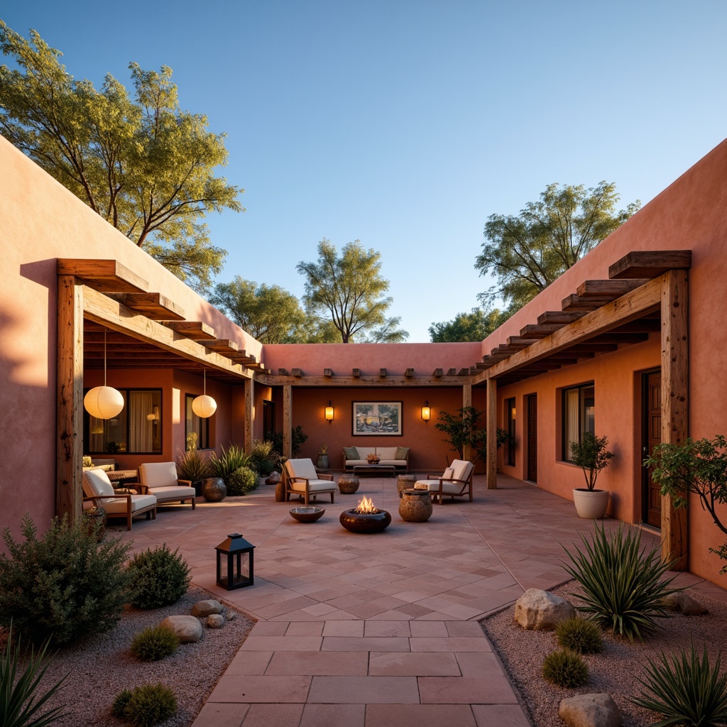 Prompt: Southwestern adobe buildings, warm earthy tones, rustic metal lanterns, wooden accents, distressed finishes, pendant lighting, candle-inspired chandeliers, natural linen shades, wrought iron sconces, hacienda-style courtyards, desert landscaping, cactus plants, sandy terrain, clear blue sky, warm golden lighting, soft ambient glow, cozy intimate spaces, eclectic global influences, vibrant colorful textiles, handmade pottery accents.