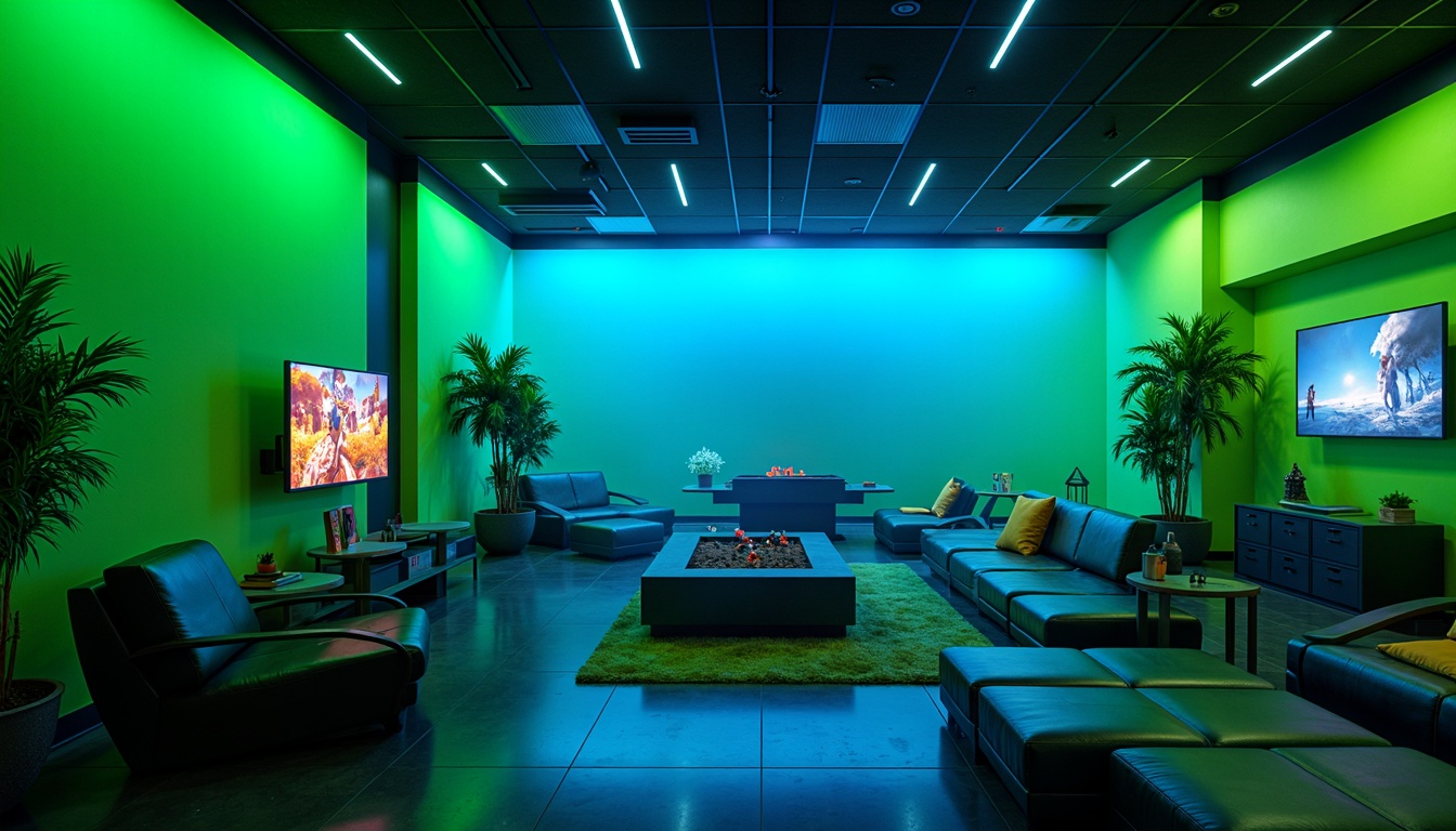 Prompt: Vibrant game room, bold accent walls, neon green and blue hues, futuristic LED lights, sleek modern furniture, high-gloss flooring, dynamic shadows, atmospheric fog effects, cinematic lighting, 3/4 composition, shallow depth of field, realistic textures, ambient occlusion.