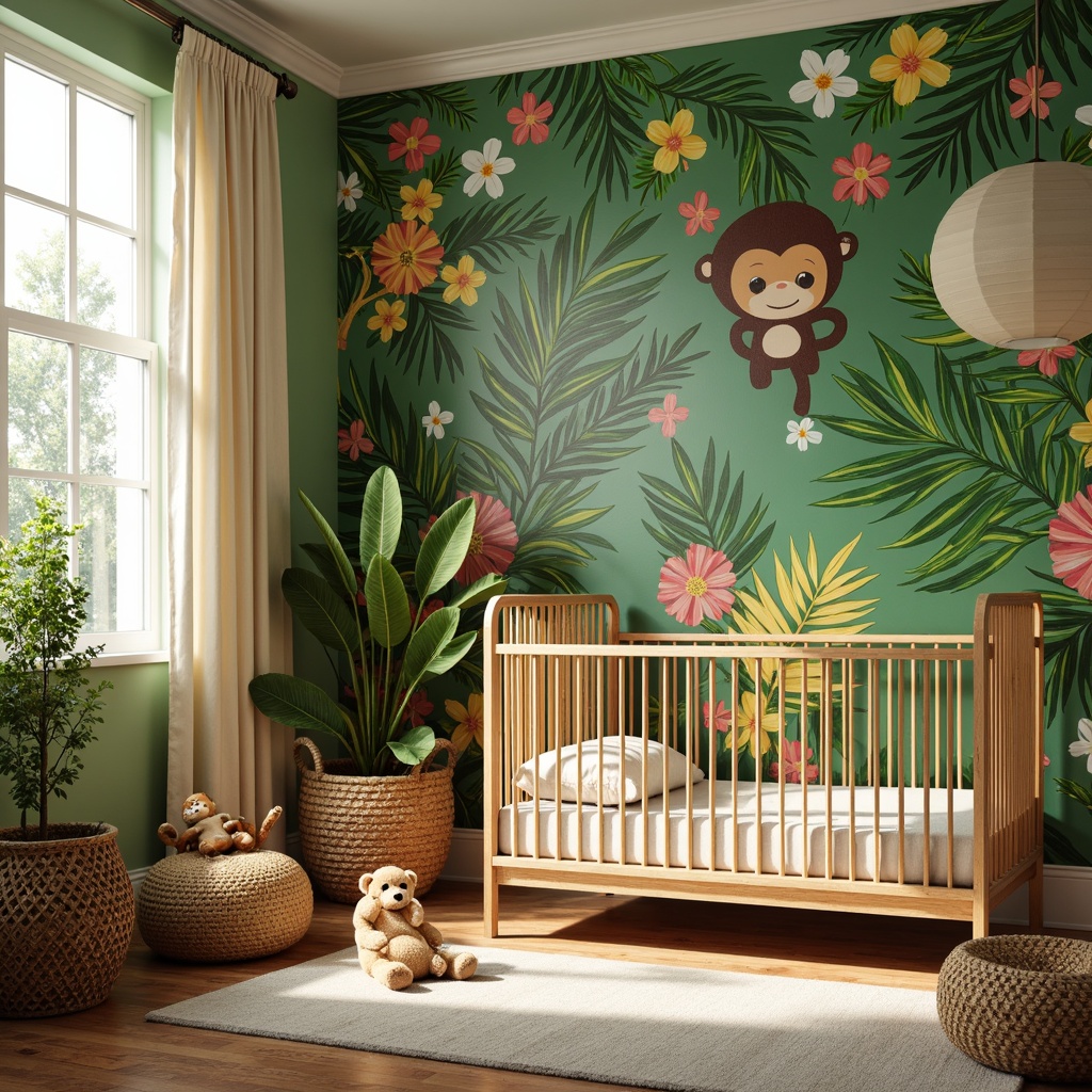 Prompt: Vibrant tropical nursery, lush green walls, colorful floral patterns, whimsical jungle creatures, wooden crib, natural woven textiles, rattan furniture, soft pastel hues, warm golden lighting, shallow depth of field, 1/1 composition, intimate framing, realistic textures, ambient occlusion, exotic botanical prints, playful monkey decals, palm tree wall art, woven basket storage, plush area rug, creamy white curtains.