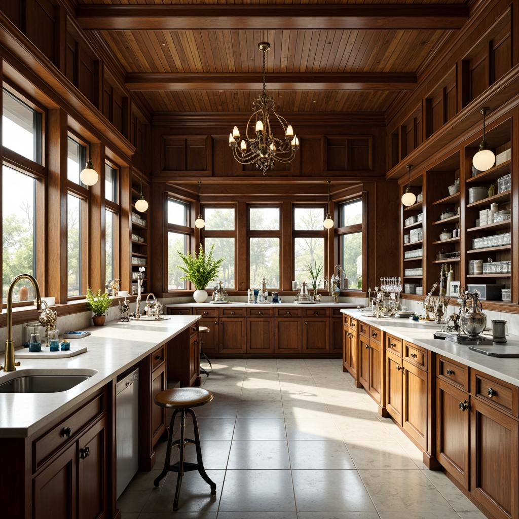 Prompt: Majestic laboratory, rich walnut wood tones, polished brass fixtures, crisp white marble countertops, soft cream-colored walls, vintage scientific instruments, ornate wooden cabinetry, subtle blue-green accents, warm golden lighting, shallow depth of field, 1/2 composition, realistic textures, ambient occlusion.Let me know if this meets your requirements!