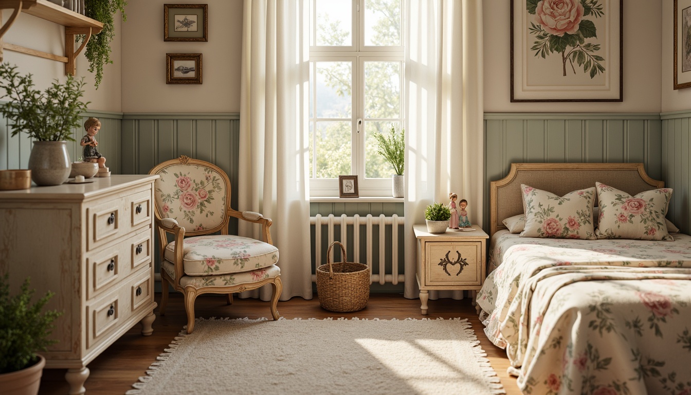 Prompt: Distressed wooden furniture, soft pastel colors, vintage floral patterns, lace curtains, ruffled bedding, antique toys, ornate picture frames, porcelain dolls, creamy whites, warm beige tones, natural textiles, woven baskets, potted plants, gentle warm lighting, shallow depth of field, 1/1 composition, whimsical atmosphere, romantic details.