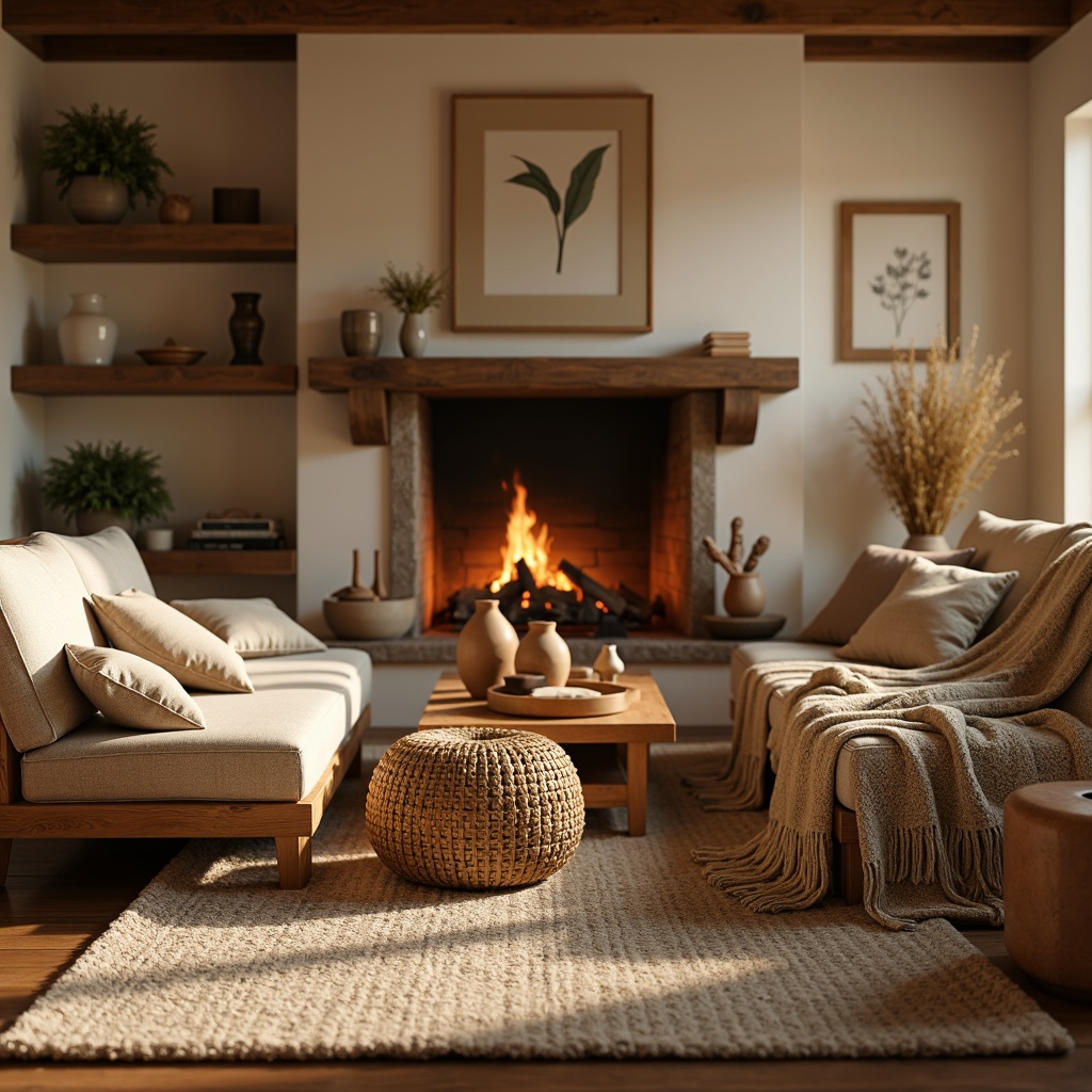 Prompt: Cozy living room, plush area rug, warm beige walls, comfortable sectional sofa, soft velvety cushions, chunky knit blankets, woven wicker furniture, natural fiber upholstery, earthy terracotta vases, rustic wooden coffee table, crackling fireplace, golden warm lighting, shallow depth of field, 1/1 composition, intimate atmosphere, realistic textures, ambient occlusion.