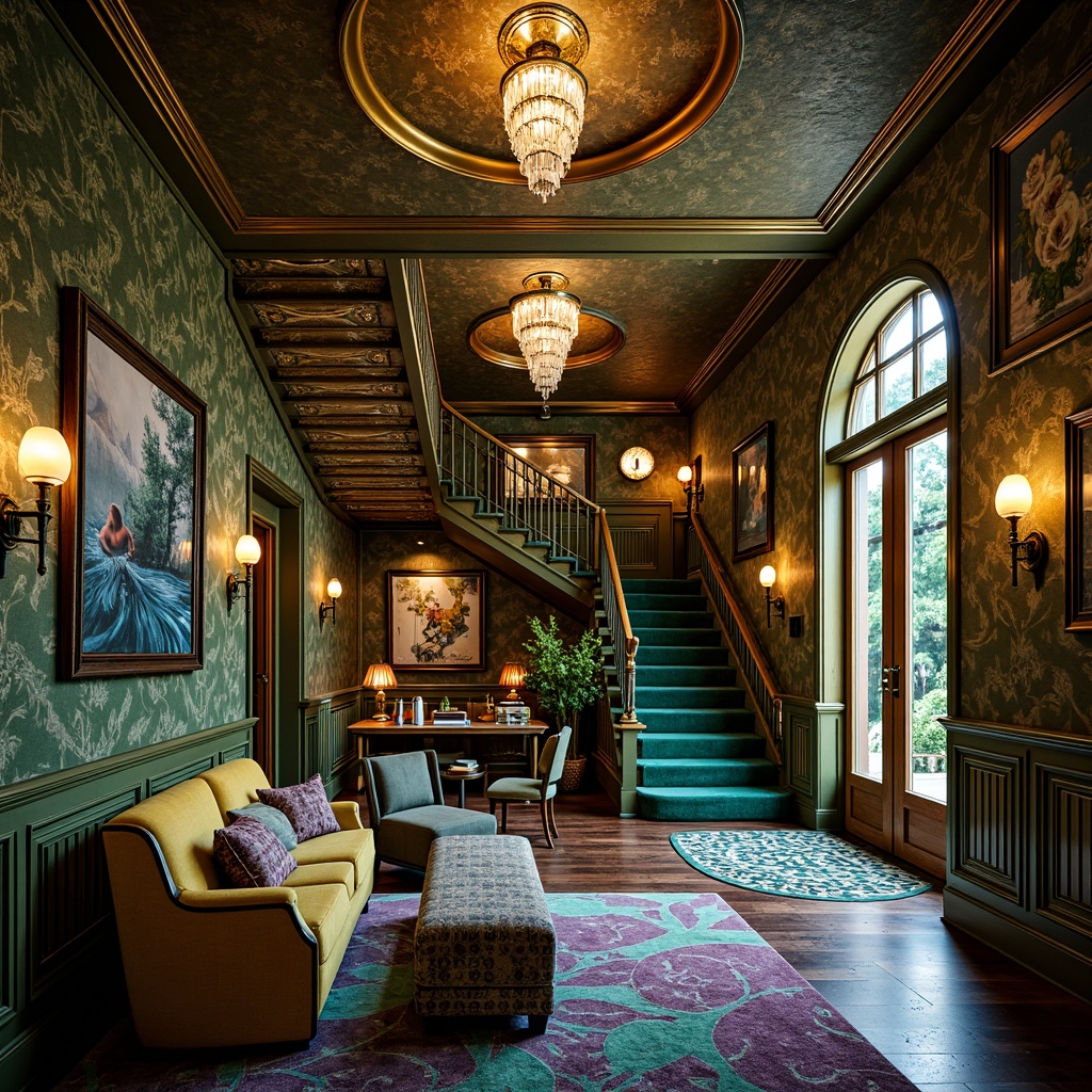 Prompt: Luxurious Art Nouveau interior, rich jewel tones, emerald green, sapphire blue, amethyst purple, golden yellow, intricate organic patterns, flowing curves, ornate details, metallic accents, bronze fixtures, crystal chandeliers, velvet textiles, wooden paneling, carved furniture, grand staircases, high ceilings, dramatic archways, soft warm lighting, shallow depth of field, 1/2 composition, realistic textures, ambient occlusion.