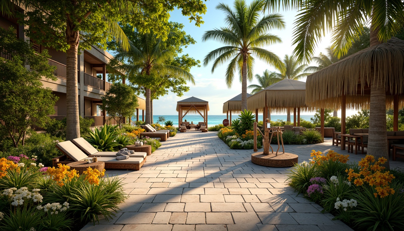 Prompt: Vibrant tropical garden, lush greenery, exotic flowers, swaying palm trees, colorful tiki torches, woven rattan furniture, natural stone pathways, wooden beach signs, nautical ropes, driftwood decorations, seashell wind chimes, warm sandy beaches, crystal-clear turquoise waters, sunny day, soft golden lighting, shallow depth of field, 3/4 composition, panoramic view, realistic textures, ambient occlusion.