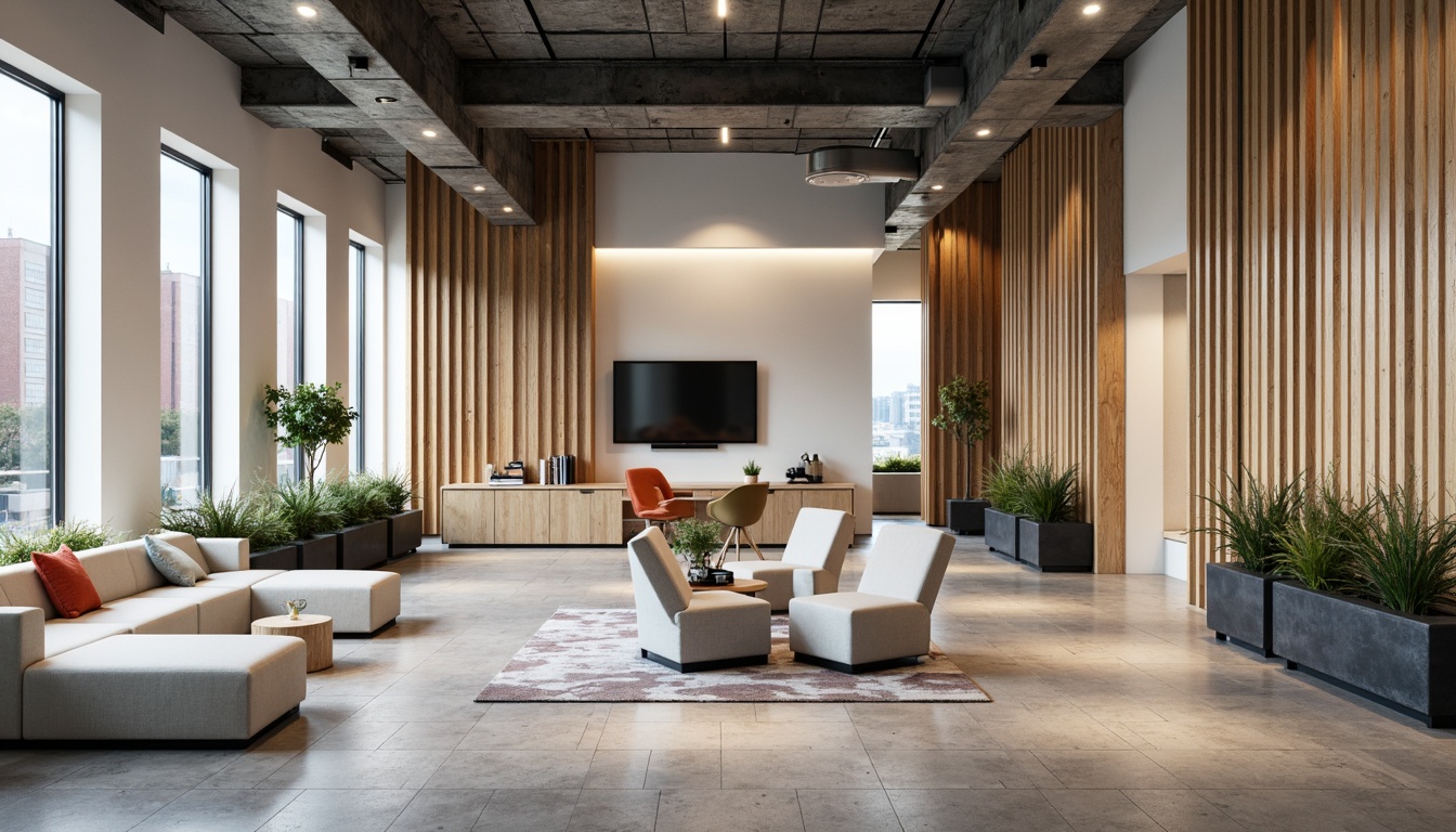 Prompt: Modern office space, sleek minimalistic furniture, calming neutral tones, creamy whites, rich wood accents, vibrant pops of color, energetic blues, warm earthy undertones, natural stone flooring, industrial metal elements, geometric patterns, ambient soft lighting, 3/4 composition, shallow depth of field, realistic textures.