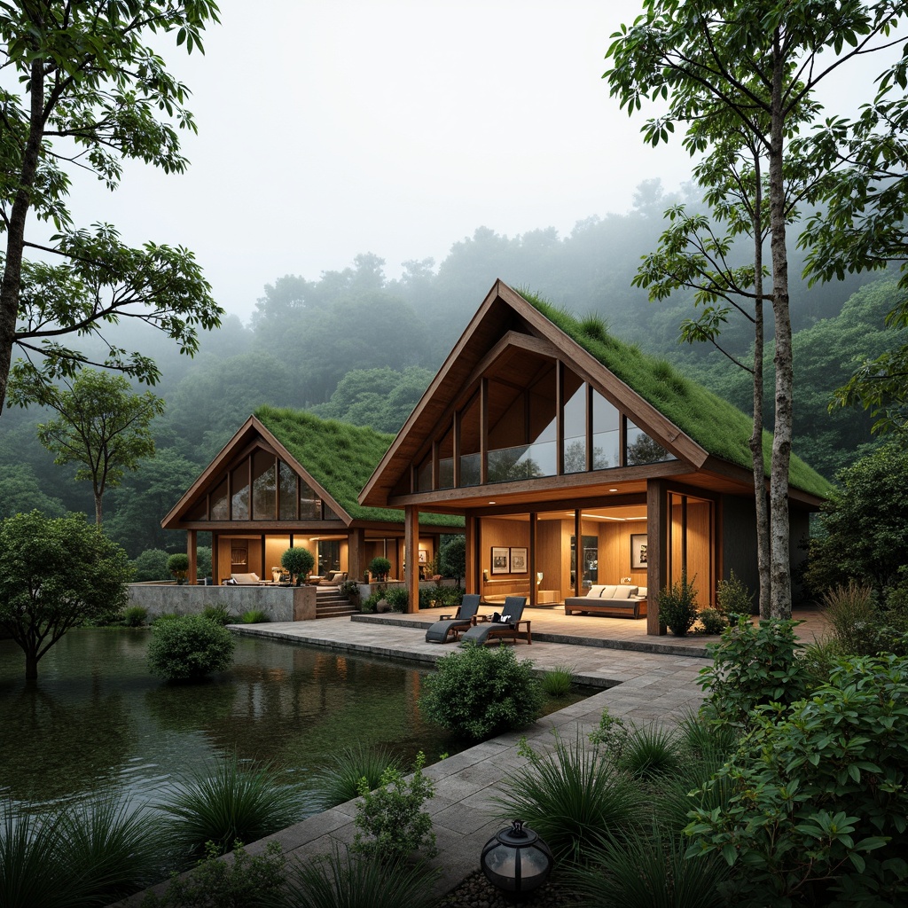 Prompt: Organic modern villa, reclaimed wood accents, bamboo flooring, natural stone walls, living green roofs, lush vegetation, serene forest surroundings, misty morning atmosphere, soft warm lighting, shallow depth of field, 3/4 composition, panoramic view, realistic textures, ambient occlusion.