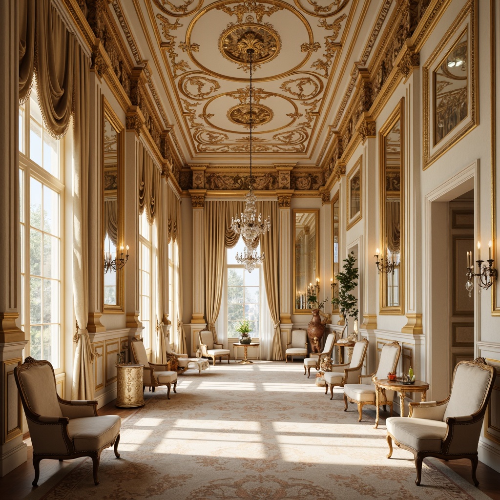 Prompt: Ornate palace interior, lavish furnishings, intricately molded decorations, gilded details, soft cream colors, luxurious fabrics, velvet drapes, ornamental mirrors, crystal chandeliers, curved lines, delicate patterns, feminine nuances, opulent atmosphere, warm golden lighting, shallow depth of field, 1/1 composition, realistic textures, ambient occlusion.