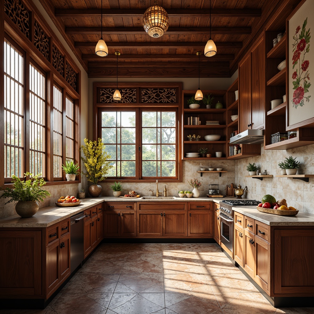 Prompt: Vibrant Asian kitchen, intricately carved wooden cabinets, ornate metal hardware, colorful ceramic tiles, natural stone countertops, traditional Shoji screens, sliding glass doors, minimalistic pendant lights, soft warm ambiance, shallow depth of field, 1/1 composition, realistic textures, ambient occlusion, richly stained wood accents, exotic floral patterns, subtle aromas of Asian spices, elegant curved lines, harmonious balance of yin and yang elements.