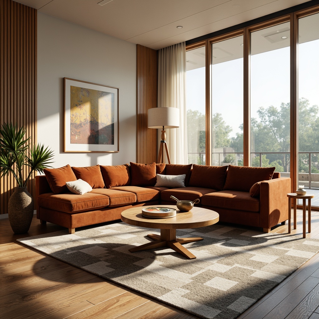 Prompt: Elegant living room, mid-century modern style furniture, sleek wooden coffee table, plush velvet sofa, geometric patterned rug, minimalist floor lamp, natural wood accents, large windows, abundant sunlight, soft warm lighting, shallow depth of field, 3/4 composition, panoramic view, realistic textures, ambient occlusion.