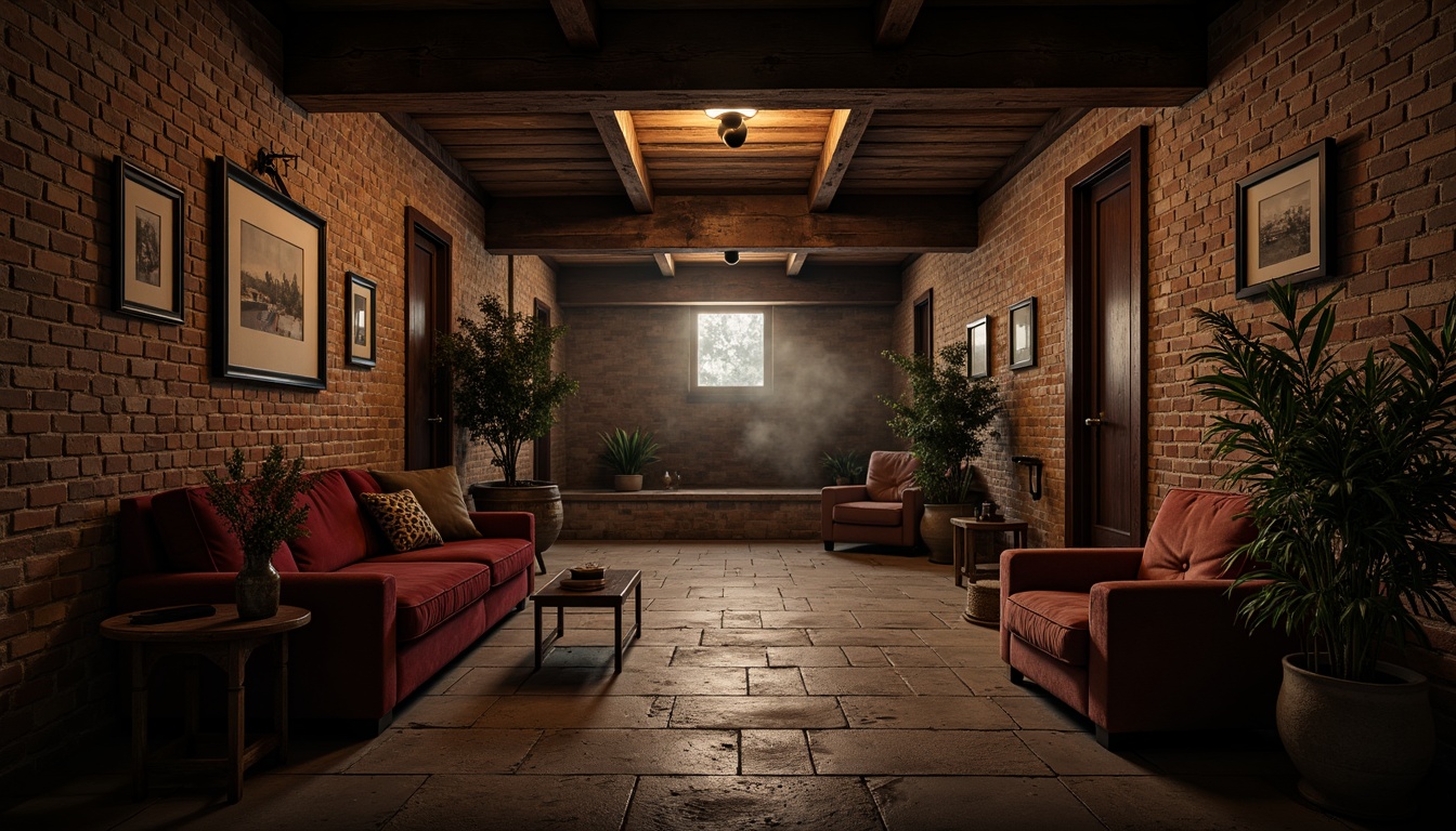 Prompt: Rustic basement atmosphere, exposed brick walls, rough-hewn stone floors, distressed wooden accents, industrial metal beams, dimly lit spaces, moody shadows, warm earthy tones, rich velvet fabrics, worn leather textures, mysterious ambient lighting, shallow depth of field, 1/2 composition, cinematic framing, dramatic contrast, intense color grading, atmospheric fog effects.