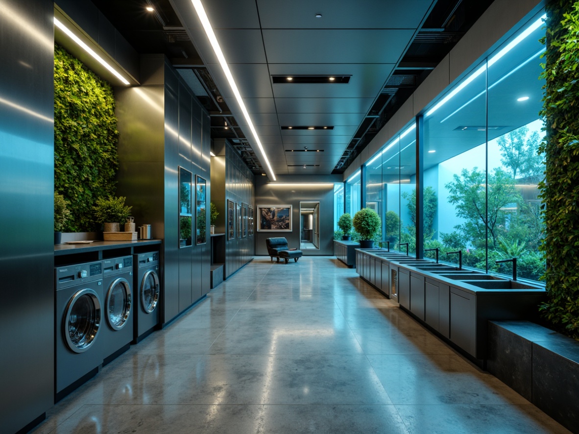 Prompt: Futuristic laundry room, sleek metallic surfaces, neon-lit ambiance, circular washing machines, cylindrical dryers, transparent glass doors, minimalist design, eco-friendly materials, recycled plastic counters, bamboo flooring, living green walls, natural stone sinks, soft glowing lighting, shallow depth of field, 3/4 composition, panoramic view, realistic textures, ambient occlusion.