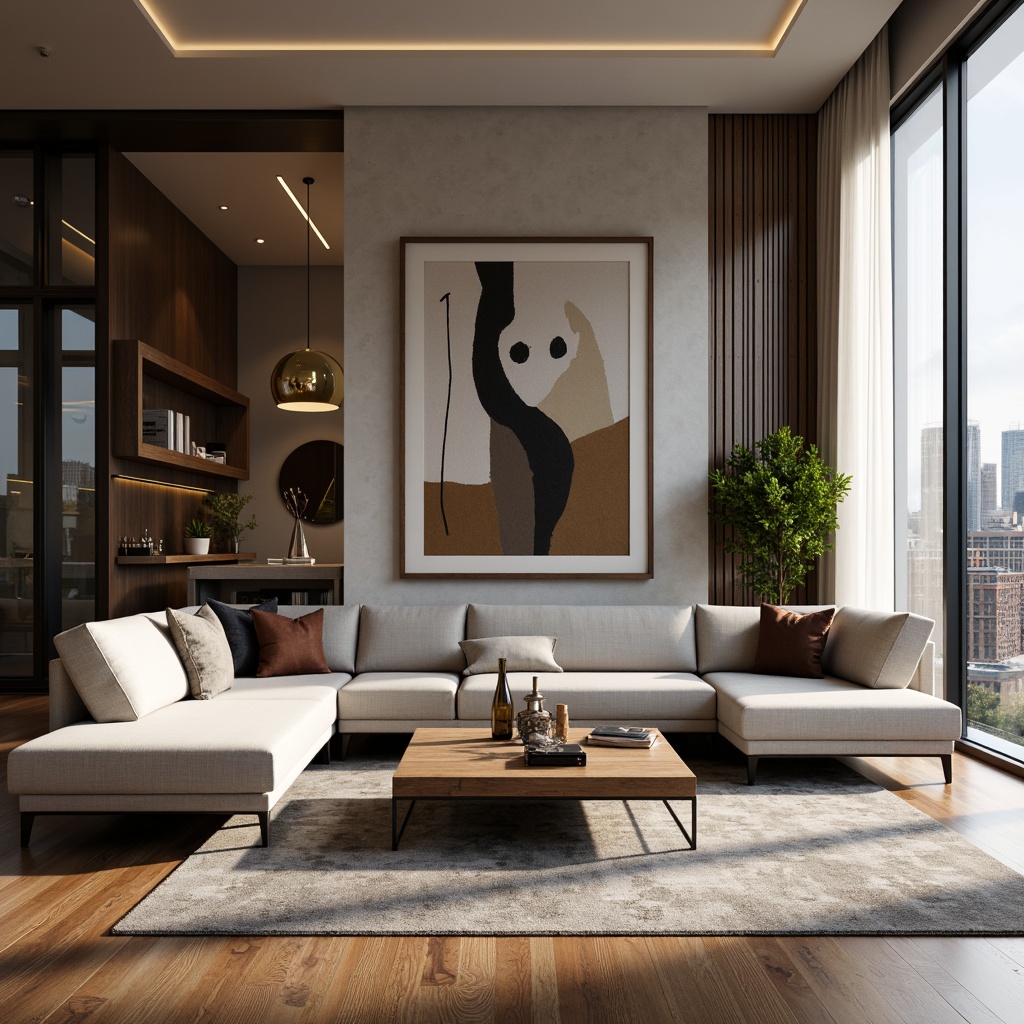 Prompt: Luxurious living room, sleek modern sofa, velvety smooth upholstery, natural wood coffee table, richly grained wooden flooring, plush area rug, abstract geometric patterns, metallic accent walls, glass pendant lighting, soft warm ambiance, cozy reading nook, floor-to-ceiling windows, cityscape views, 1/2 composition, shallow depth of field, realistic reflections.