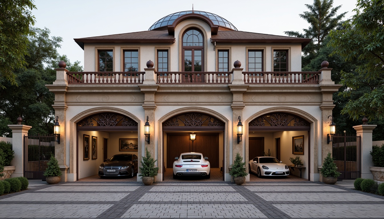 Prompt: Ornate garage doors, decorative pilasters, symmetrical fa\u00e7ade, rusticated stone walls, ornamental metalwork, classic columns, curved arches, domed roofs, grand entranceways, elegant lanterns, wrought iron gates, refined brick patterns, subtle color palette, natural stone flooring, vintage car displays, soft warm lighting, shallow depth of field, 1/1 composition, realistic textures, ambient occlusion.